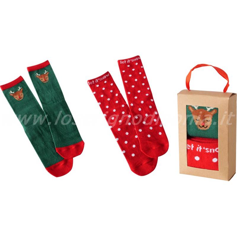 Set di 2 paia di calzini natalizi in scatolina regalo della serie Deery firmata Boltze. Vista frontale