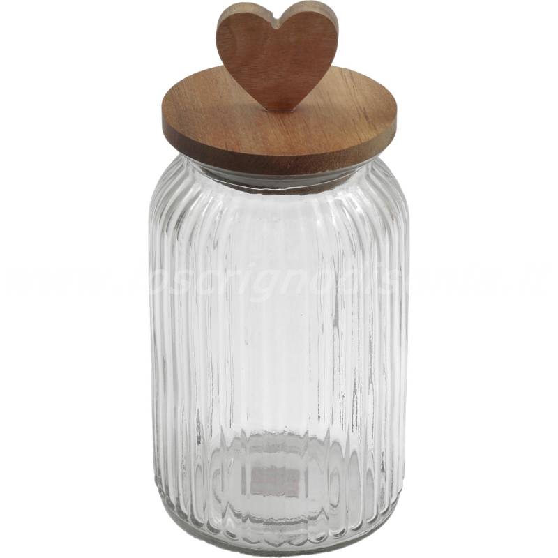 Barattolo in vetro rigato con tappo ermetico in legno decorato a forma di cuore di Boltze. Vista frontale