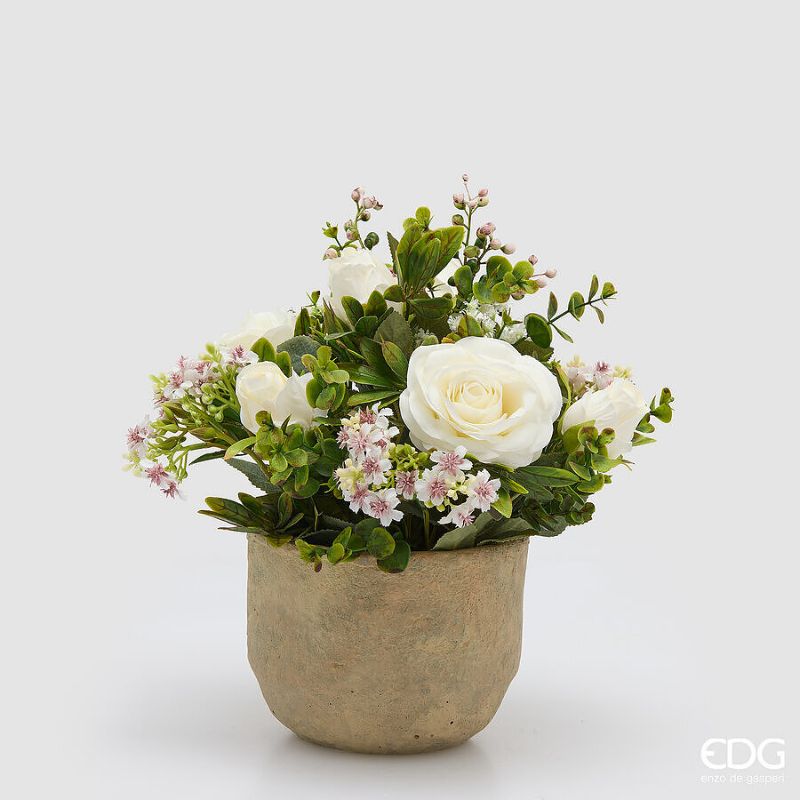 Composizione Floreale Rose e Fiori Bianchi in Vaso di Terracotta EDG - 18x35 cm