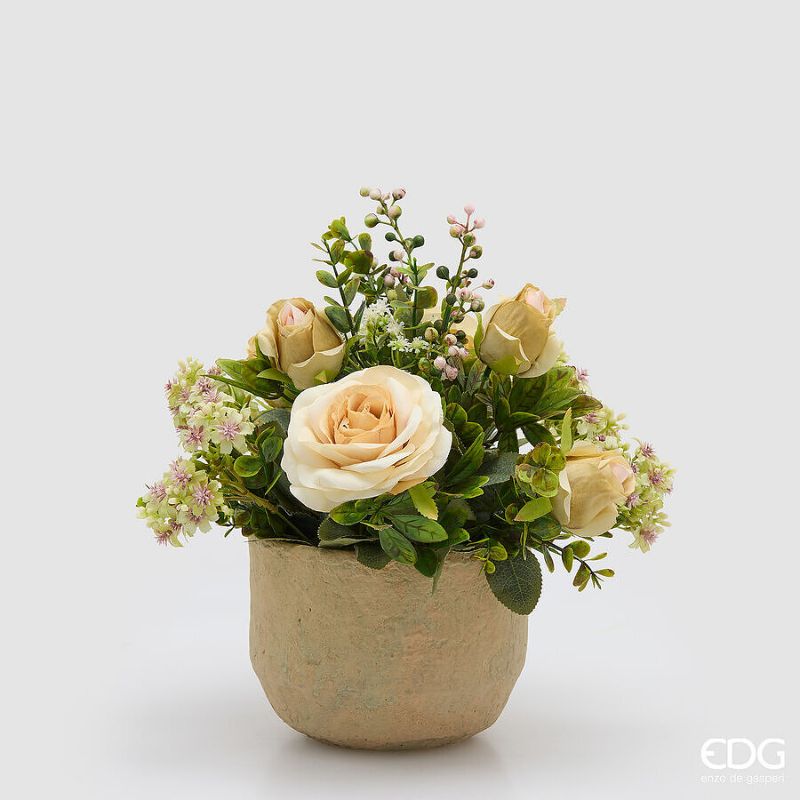 Composizione Floreale Rose e Fiori Avorio in Vaso di Terracotta EDG - 18x35 cm