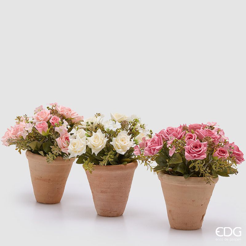 Composizione Floreale Roselline Rosa Scuro in Vaso di Terracotta EDG - 15x30 cm