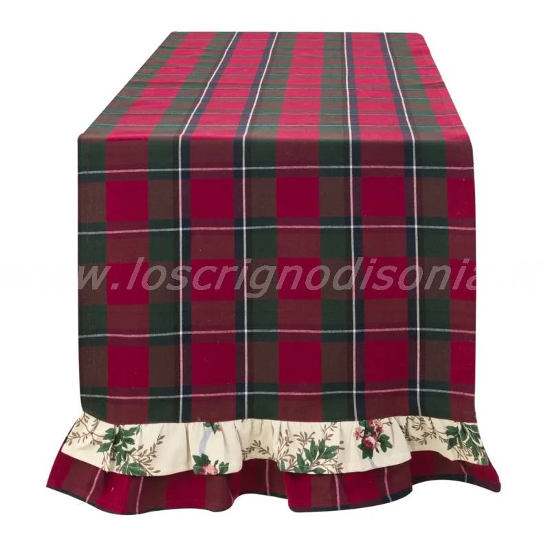 Runner tartan con volant a tema floreale, collezione Christmas Poem di Blanc Mariclò. Vista frontale