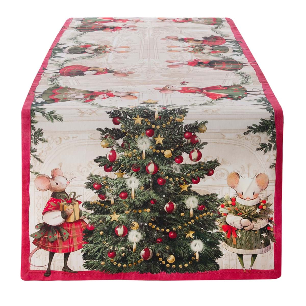 Runner natalizio con topini, collezione Favola Di Natale firmata Blanc Mariclò. Vista frontale