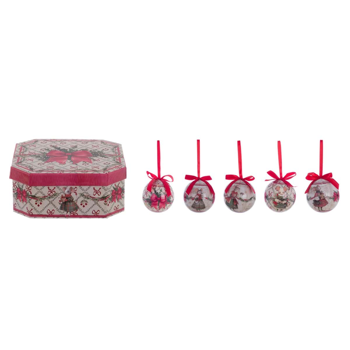 Scatola Esagonale con 5 Decori Topini Favola di Natale – Blanc Mariclò