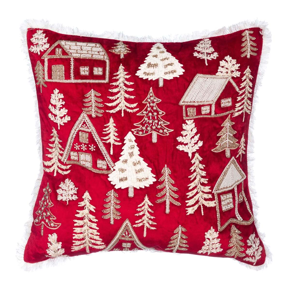 Cuscino in Velluto Rosso 50x50 con Abeti e Casette Ricamati – Blanc Mariclò