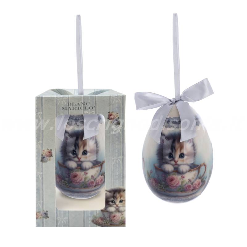Uovo Decorativo Shabby Chic con Gattino in Tazza - Blanc Mariclò