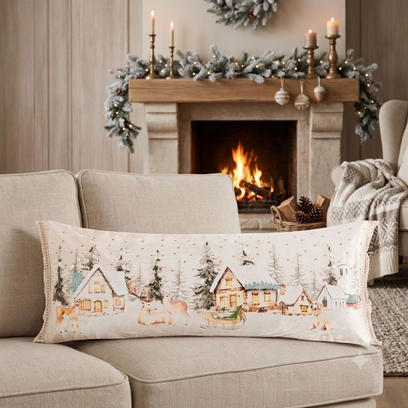 Cuscino Natalizio Rettangolare in Velluto Blanc Mariclò Villaggio Invernale 35x91 cm