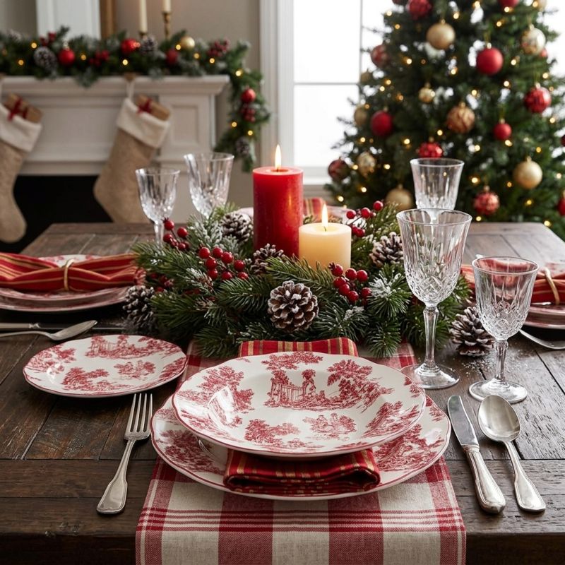 Set Due Posti Tavola Porcellana Blanc Mariclò Affinità Elettive Toile de Jouy Rosso