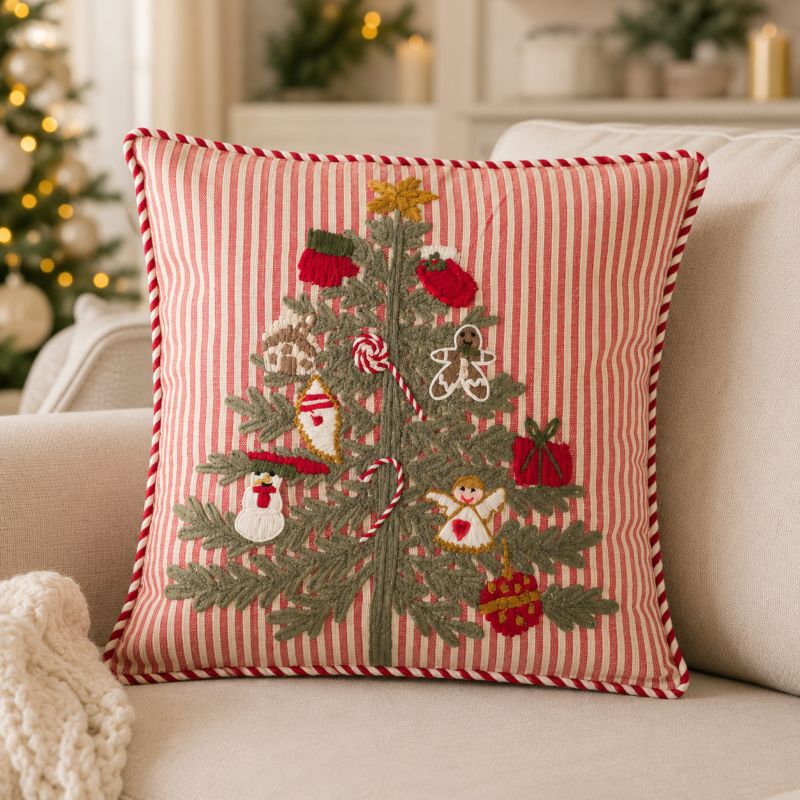 Cuscino Natalizio Quadrato Ricamato Albero di Natale Blanc Mariclò - 45x45 cm