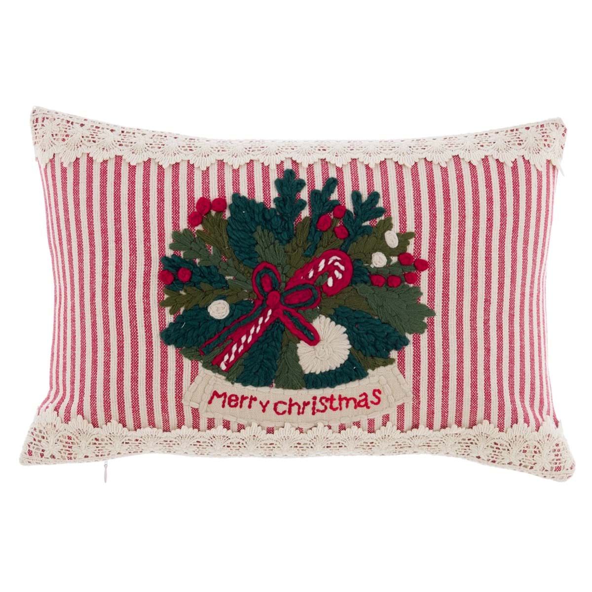 Cuscino Rettangolare Natalizio Ricamato con Pizzo Merry Christmas Blanc Mariclò - 30x45 cm