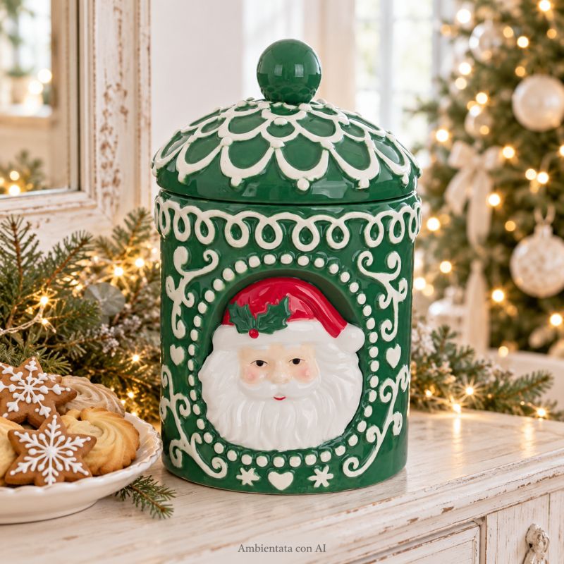 Biscottiera Natalizia Ermetica in Ceramica Verde con Babbo Natale Blanc Mariclò 14x14xH24 cm
