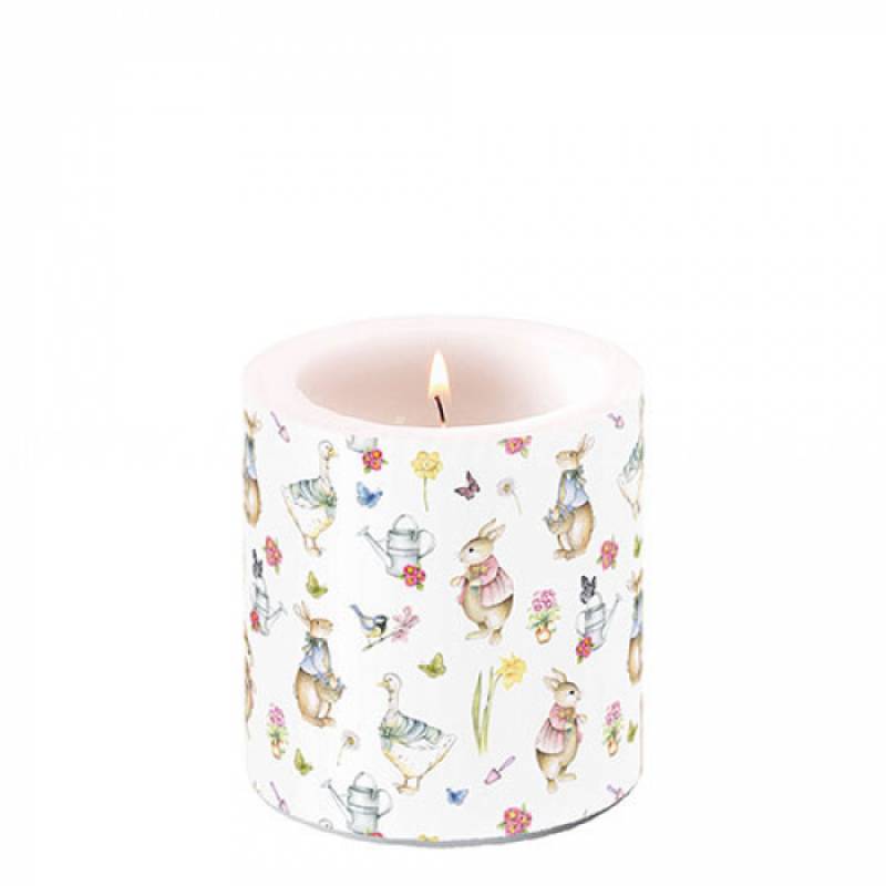Candela decorativa, serie Easter Garden di Ambiente Europe, misure 7,5x7,5x9 cm. Vista frontale
