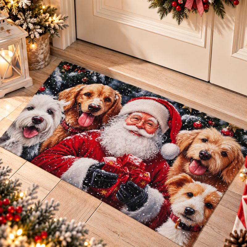 Tappeto Zerbino natalizio con Babbo Natale e cani multicolore 45 × 75 cm