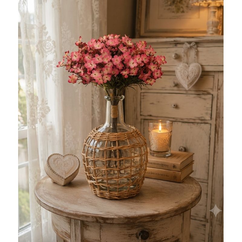 Vaso a Bottiglia in Vetro con Rete in Rattan EDG - 17 x h 25 cm