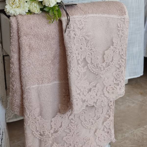 Coppia Spugna Asciugamani Chez Moi Shabby Chic Collezione Versailles - Colore Polvere di Cipria