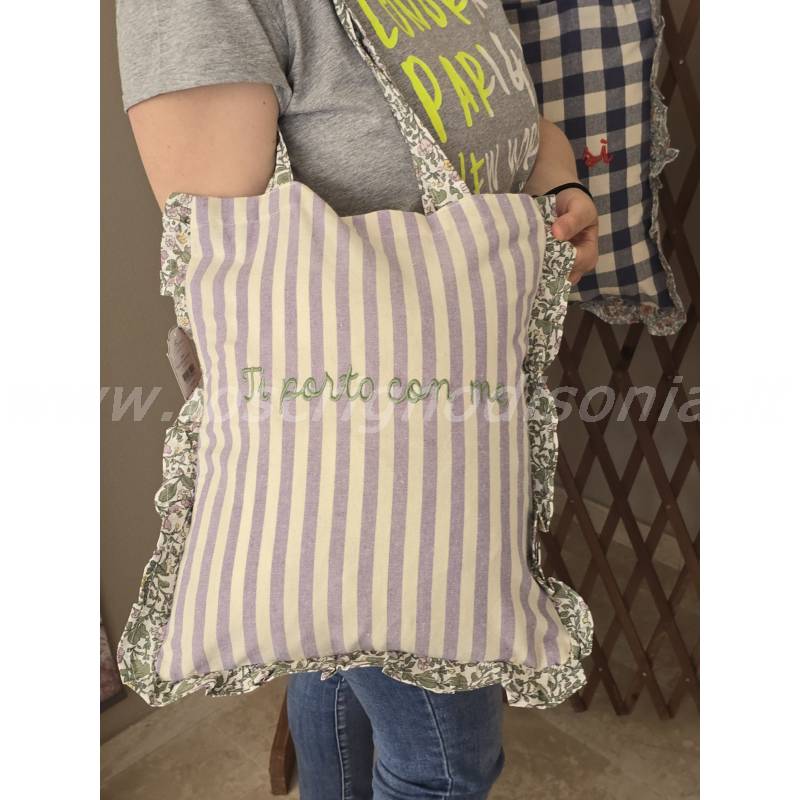 Borsa in Cotone Blanc Mariclò – Righe Lilla e Ricamo