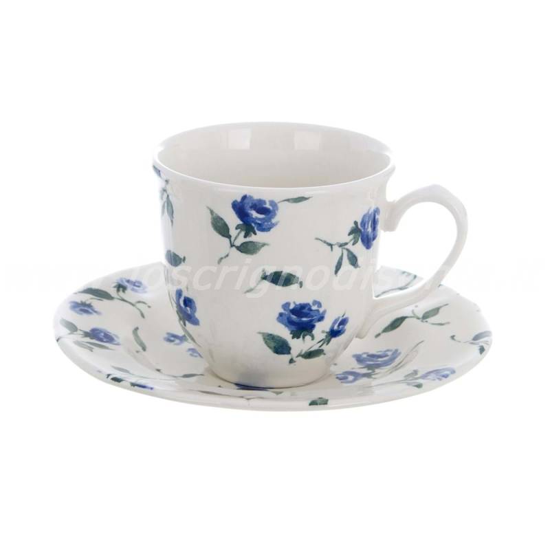 Tazza da the con piattino della collezione Floret Full firmata Blanc Mariclò, colore azzurro. Vista frontale