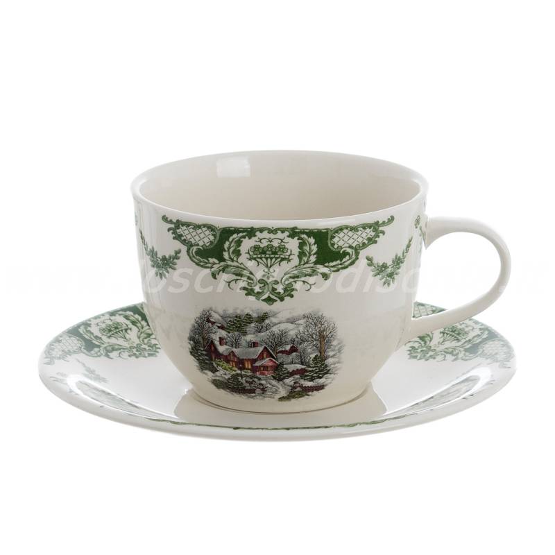 Tazza con piattino a tema natalizio, serie Winter Wonderland firmata Blanc Mariclò. Vista frontale