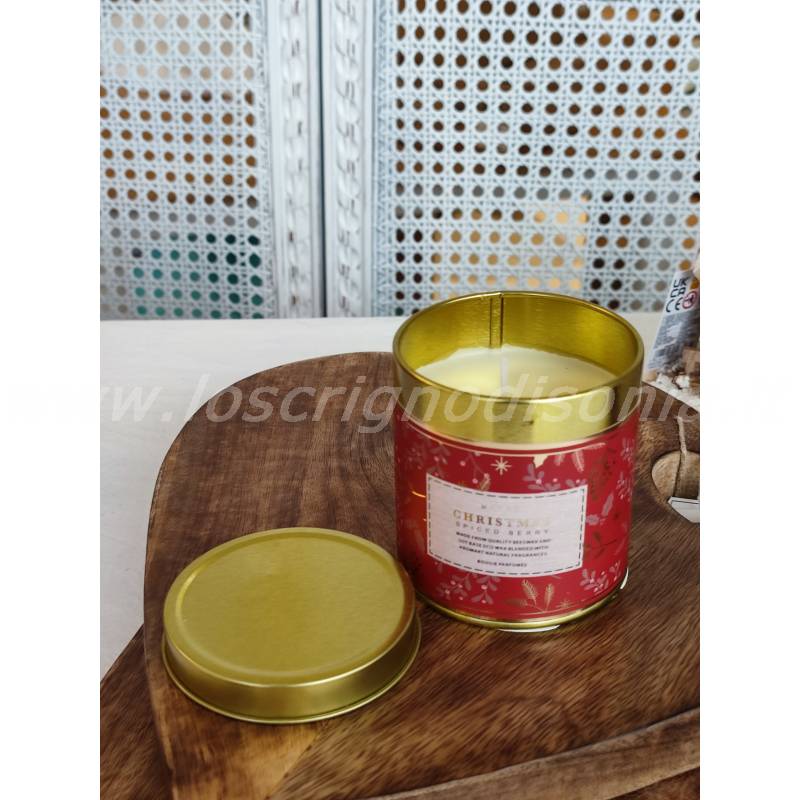 Candela natalizia in barattolino di latta decorata, colore rosso, serie Christmas di Boltze. Vista frontale