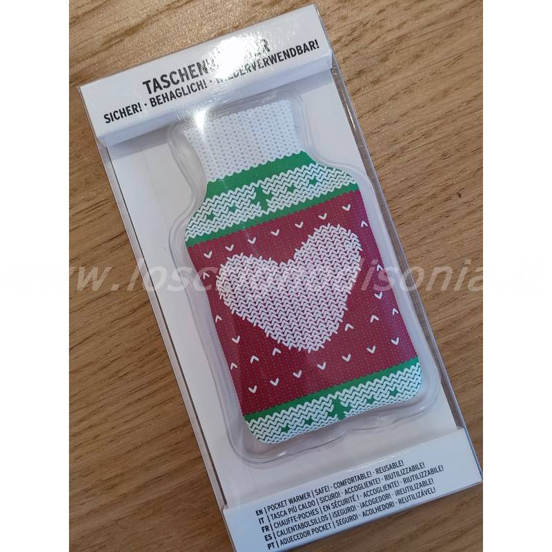 Scaldamani da tasca a forma di borsa dell'acqua calda e decorato con un cuore. Vista dall'alto