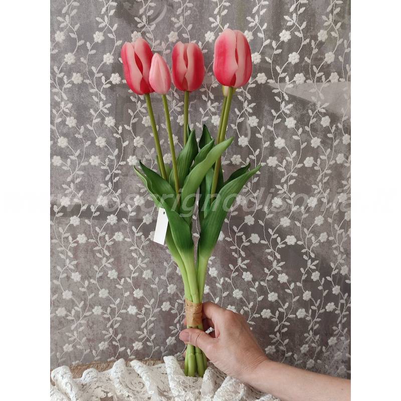 Bouquet 5 Tulipani Real Touch Colore Rosa Scuro - H 48 cm