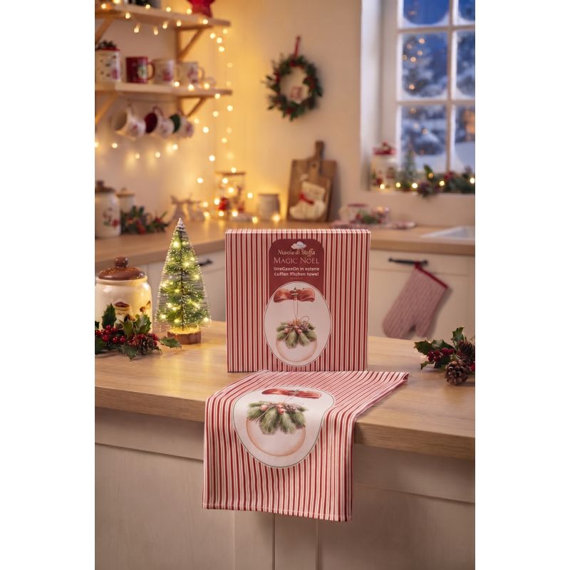 Canovaccio Natalizio 50x70 cm Righe Rosse Decoro Palla di Natale Magic Noel con Scatola Nuvole di Stoffa