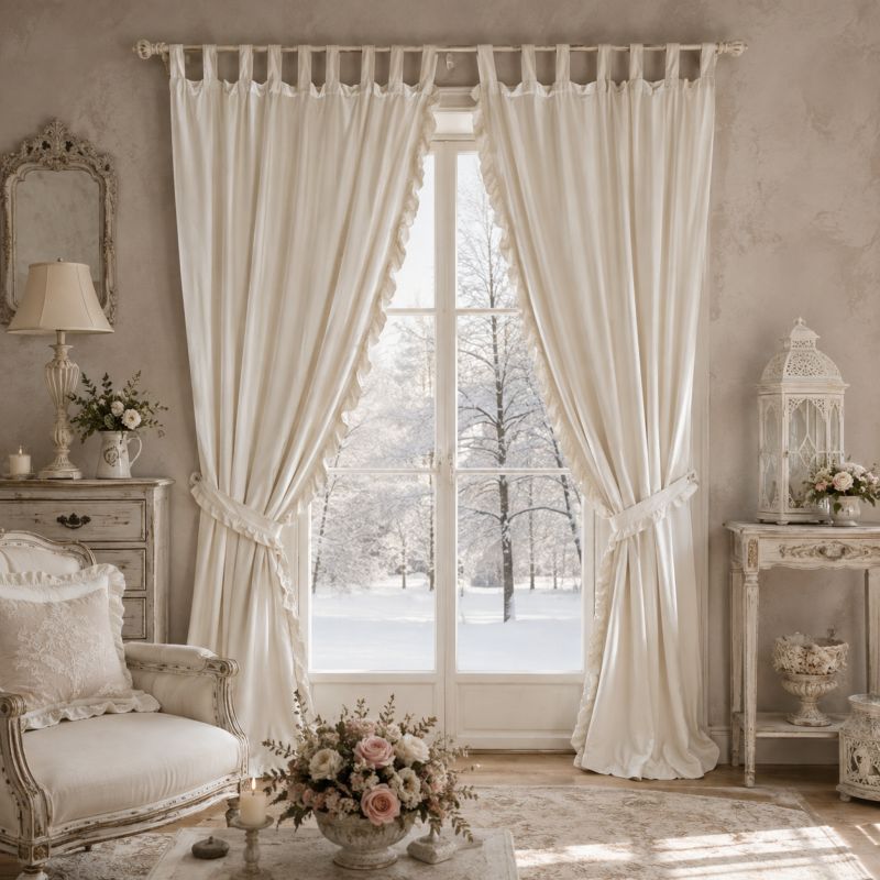 Coppia di Tende in Velluto Avorio con Passanti e Volant Atelier 17 - 140x290 cm