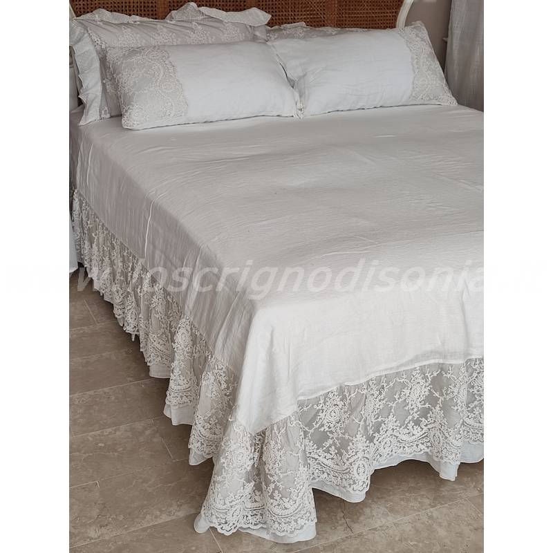 Copriletto Copripiumino Matrimoniale Chez Moi in Lino Bianco Naturale e Pizzo Corinzio Vintage Cemento