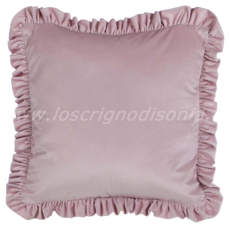 Cuscino arredo in velluto con volant, colore rosa, serie Morbido Sonno di Blanc Mariclò. Vista frontale