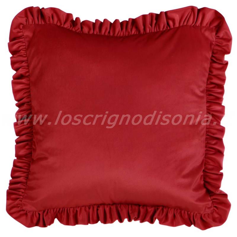 Cuscino arredo in velluto con volant, colore rosso, serie Morbido Sonno di Blanc Mariclò. Vista frontale
