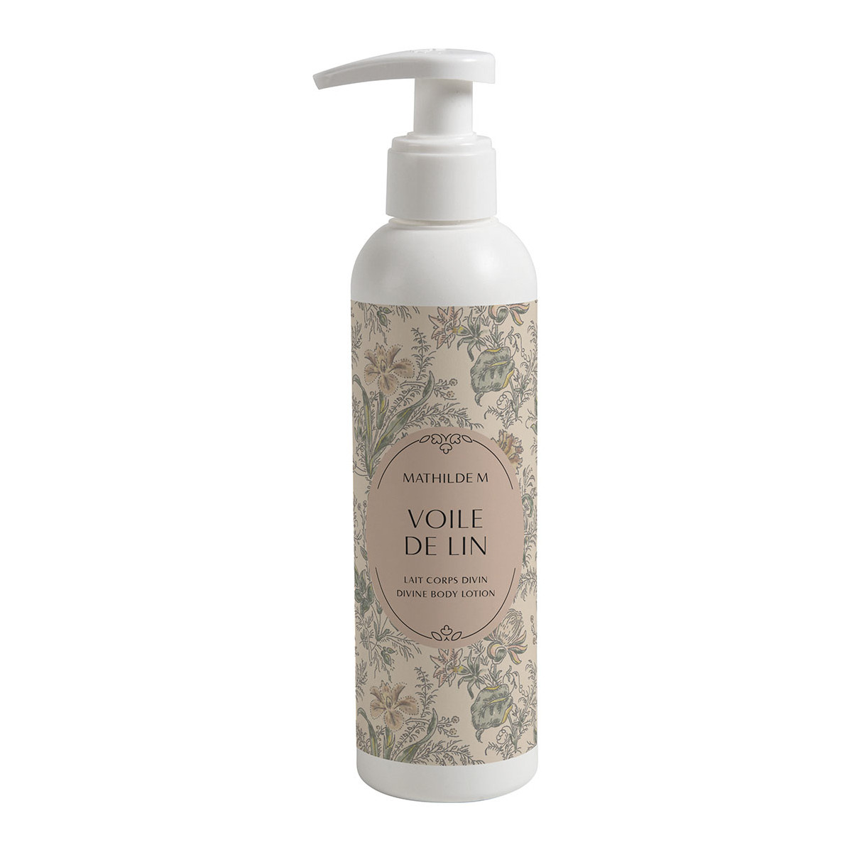 Latte corpo prodotto da Mathilde M in formata da 250 ml, fragranza Voile De Lin. Vista frontale