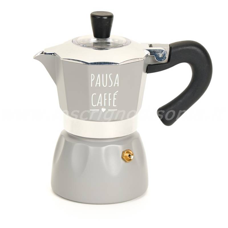 Moka 2 tazze, decoro con scritta 'Pausa Caffè', serie My Home di Nuvole Di Stoffa. Vista frontale