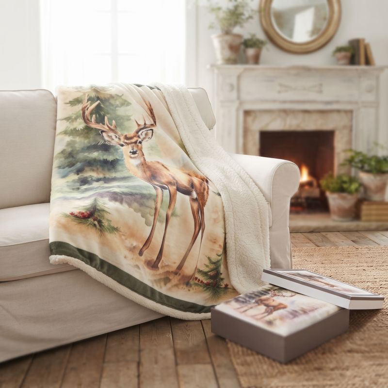 Plaid 130x160 cm Sherpa Decoro Cervo con Scatola Regalo Nuvole di Stoffa
