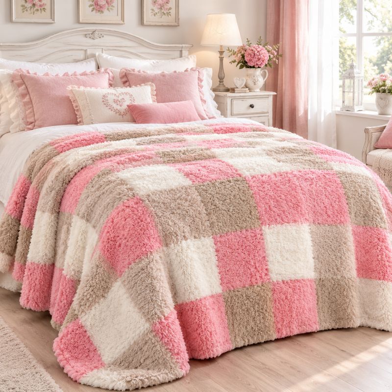 Plaid Coperta Matrimoniale 200x250 cm Serie Check Quadri Rosa e Beige L'Atelier17