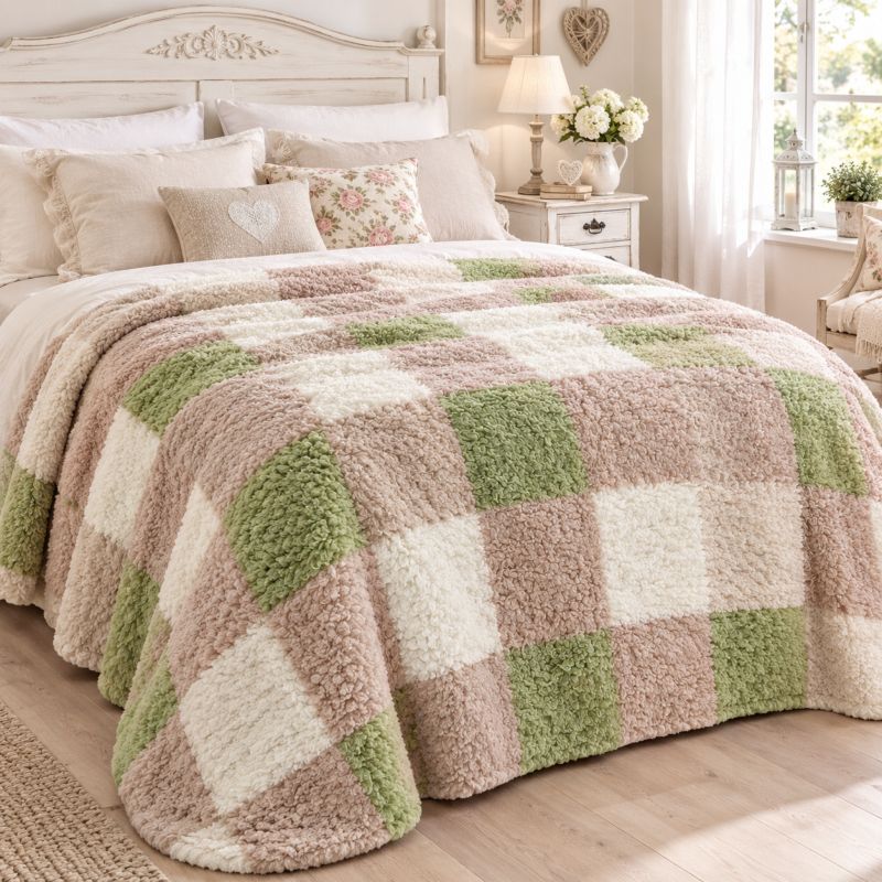 Plaid Coperta Matrimoniale 200x250 cm Serie Check Quadri Verde Chiaro e Beige L'Atelier17