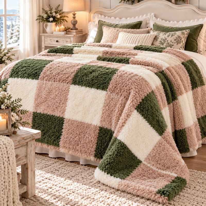 Plaid Coperta Matrimoniale 200x250 cm Serie Check Quadri Verde Scuro e Beige L'Atelier17