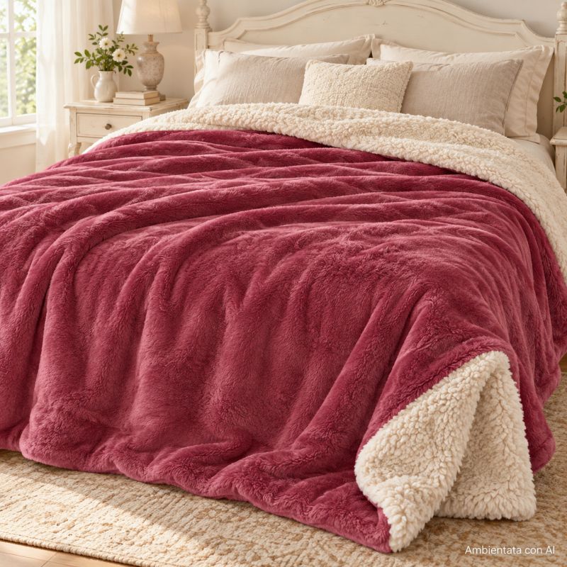 Plaid Coperta Matrimoniale Sherpa Malva con Interno Crema 200x220 cm