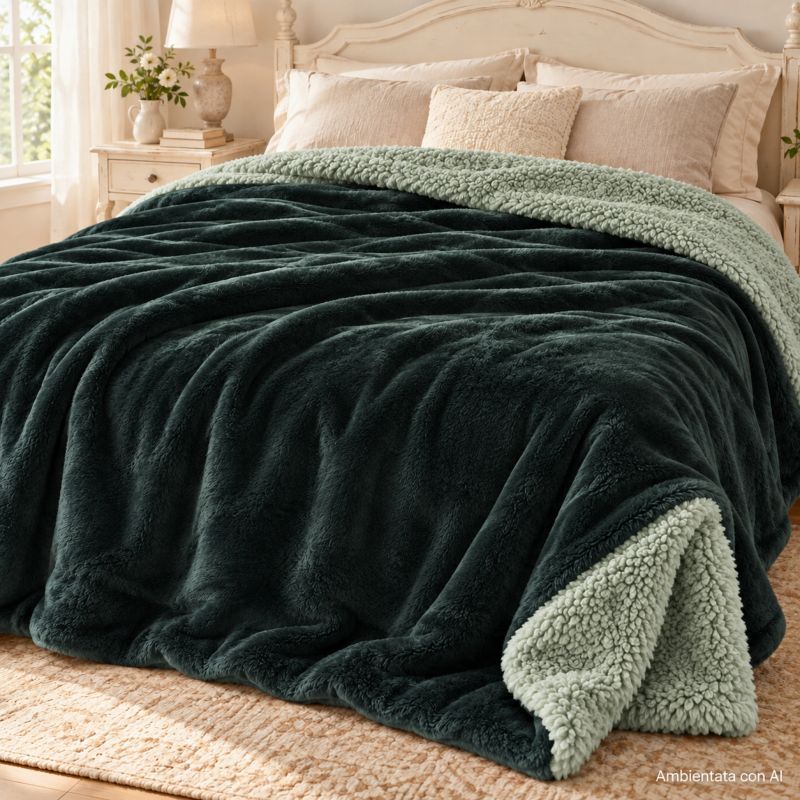 Plaid Coperta Matrimoniale Sherpa Verde Scuro e Verde Chiaro 200x220 cm