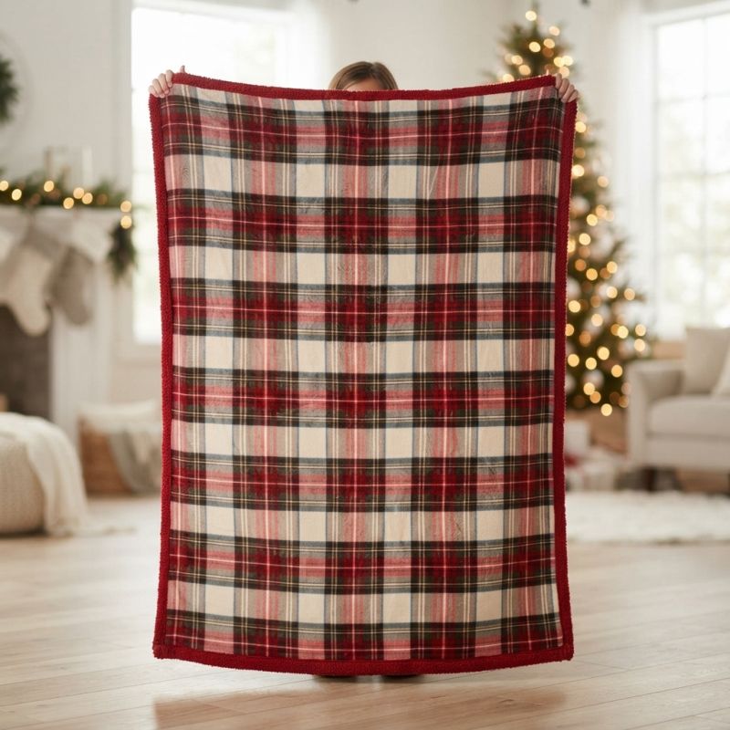 Plaid 130x160 cm Sherpa Tartan con Scatola Regalo Nuvole di Stoffa