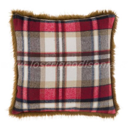 Cuscino arredo quadrato, stampa tartan e pelliccia ecologica, serie Tartan di Blanc Mariclò. Vista dall'alto
