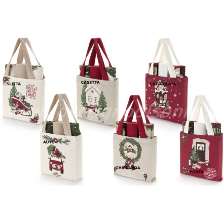 Set da 3 canovacci natalizi in 6 varianti di borsetta decorata, serie Holly Jolly di Nuvole di Stoffa. Vista frontale