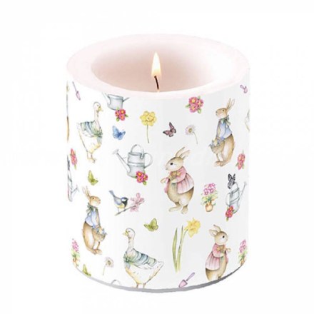 Candela decorativa, serie Easter Garden di Ambiente Europe, misure 10x10x10 cm. Vista frontale