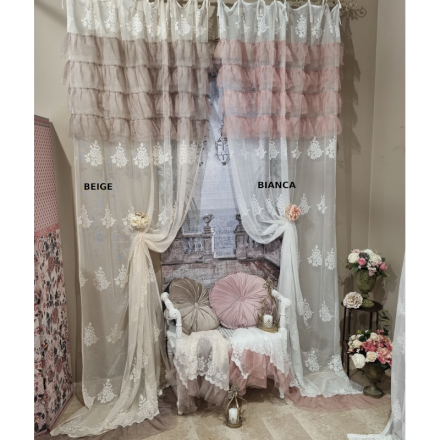 Tenda in pizzo e tulle, decoro floreale, stile shabby chic, bicolore, serie Andromeda. Vista frontale