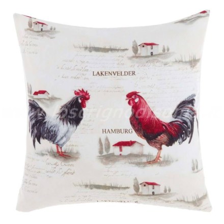 Cuscino arredo country chic con stampa di galli, serie  Chicchirichì di Blanc Mariclò. Vista frontale