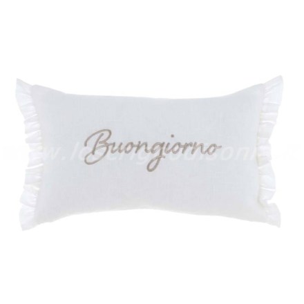 Cuscino bianco, rettangolare con ricamato 'Buongiorno' da un lato e 'Buonanotte' dall'altro. Vista frontale