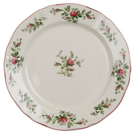 Piatto per torta in ceramica decorato con roselline della serie Moss Rose di Blanc Mariclò. Vista dall'alto