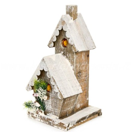 Casetta decorativa in legno innevata con 10 luci a led realizzata da Nuvole Di Stoffa. Vista frontale