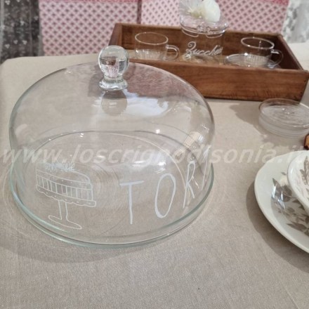 Campana per dolci shabby chic in vetro soffiato con decoro e scritta 'TORTA'. Vista frontale