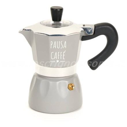 Moka 2 tazze, decoro con scritta 'Pausa Caffè', serie My Home di Nuvole Di Stoffa. Vista frontale