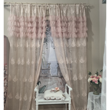 Tenda in pizzo e tulle, decoro floreale, stile shabby chic, colore malva, serie Andromeda. Vista frontale